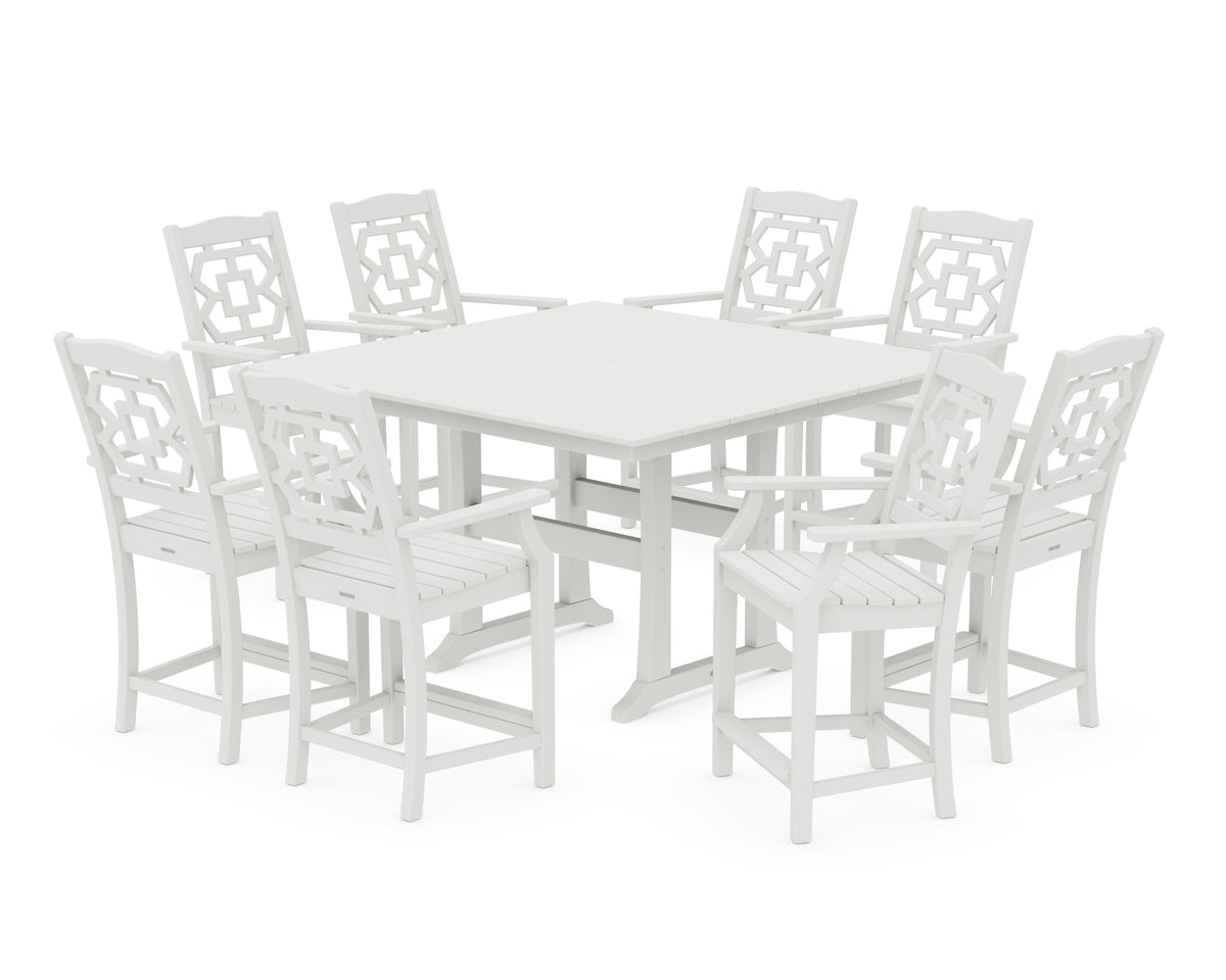 POLYWOOD Chinoiserie 9-Piece Square Farmhouse Counter Set with Trestle Legs in Vintage White