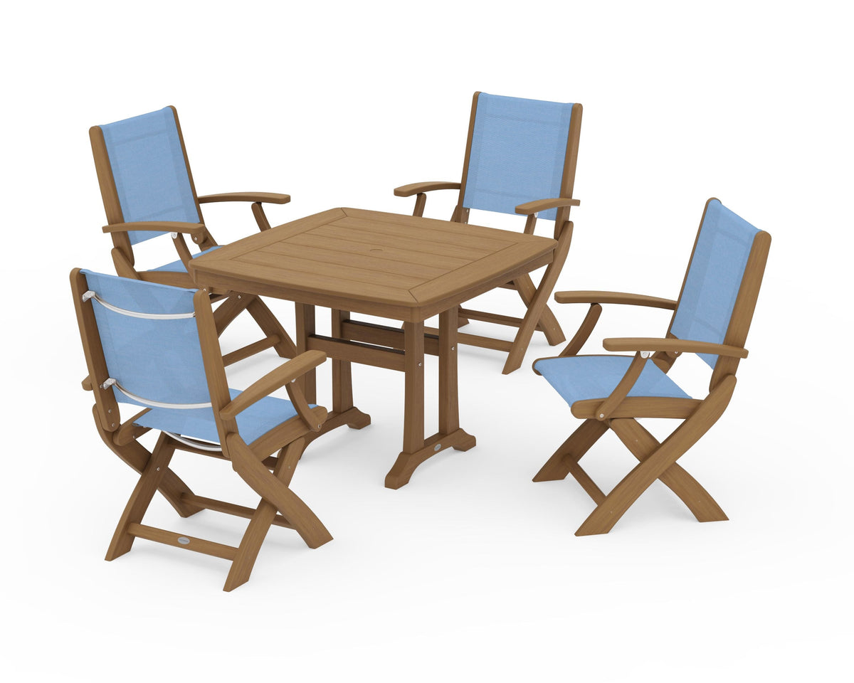 POLYWOOD Coastal Folding Chair 5-Piece Dining Set with Trestle Legs in Natural / Poolside