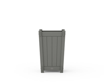 Angled view of the POLYWOOD Vineyard Tapered Square Short Planter Box in Slate Grey