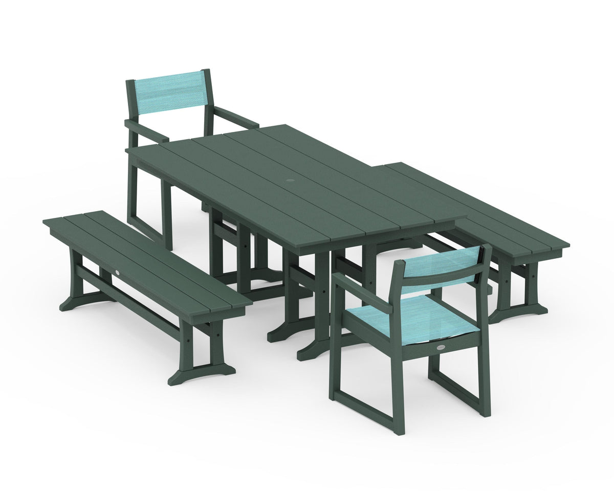 POLYWOOD EDGE Sling Arm Chair 5-Piece Farmhouse Dining Set with Benches in Green / Dupioni Aquamarine
