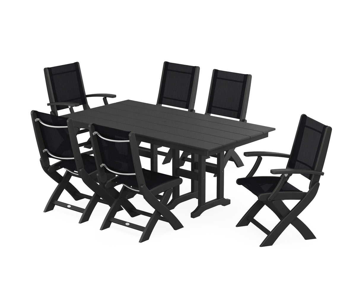 POLYWOOD Coastal Folding Chair 7-Piece Farmhouse Dining Set in Black / Black