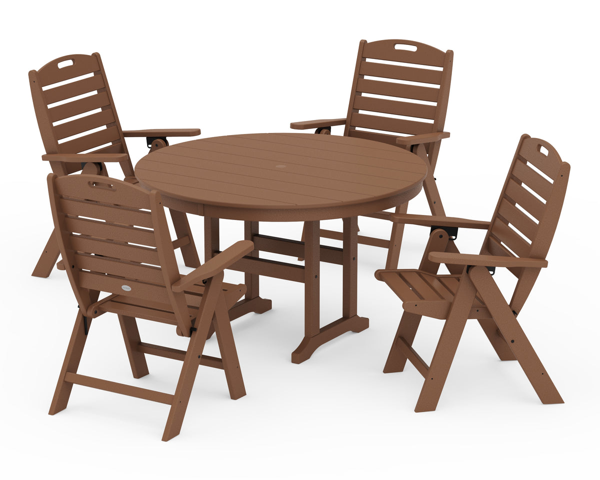 POLYWOOD Nautical Folding Chair 5-Piece Round Farmhouse Dining Set in Teak