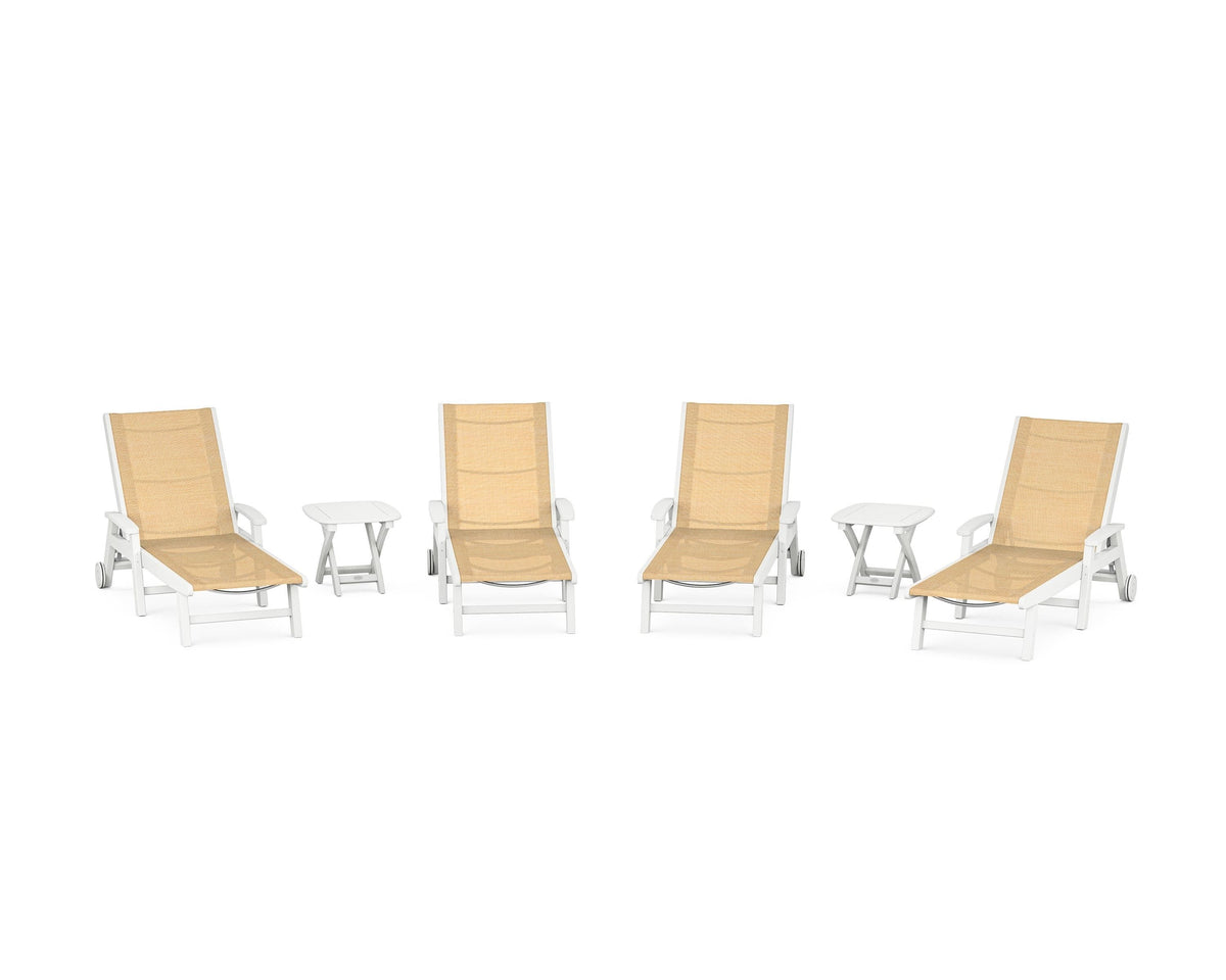 POLYWOOD Coastal Chaise 6-Piece Set with Wheels in White / Dupioni Apricot
