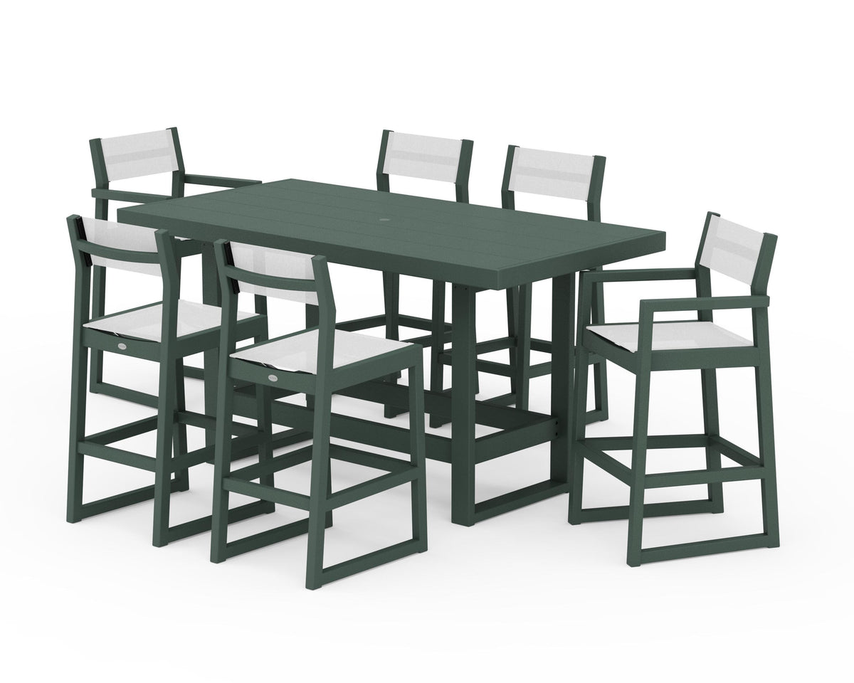 POLYWOOD EDGE Sling 7-Piece Bar Table Set in Green / White