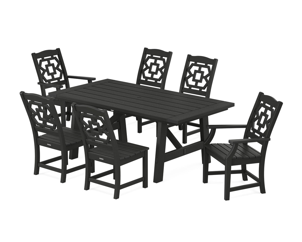 POLYWOOD Chinoiserie 7-Piece Rustic Farmhouse Dining Set in Black