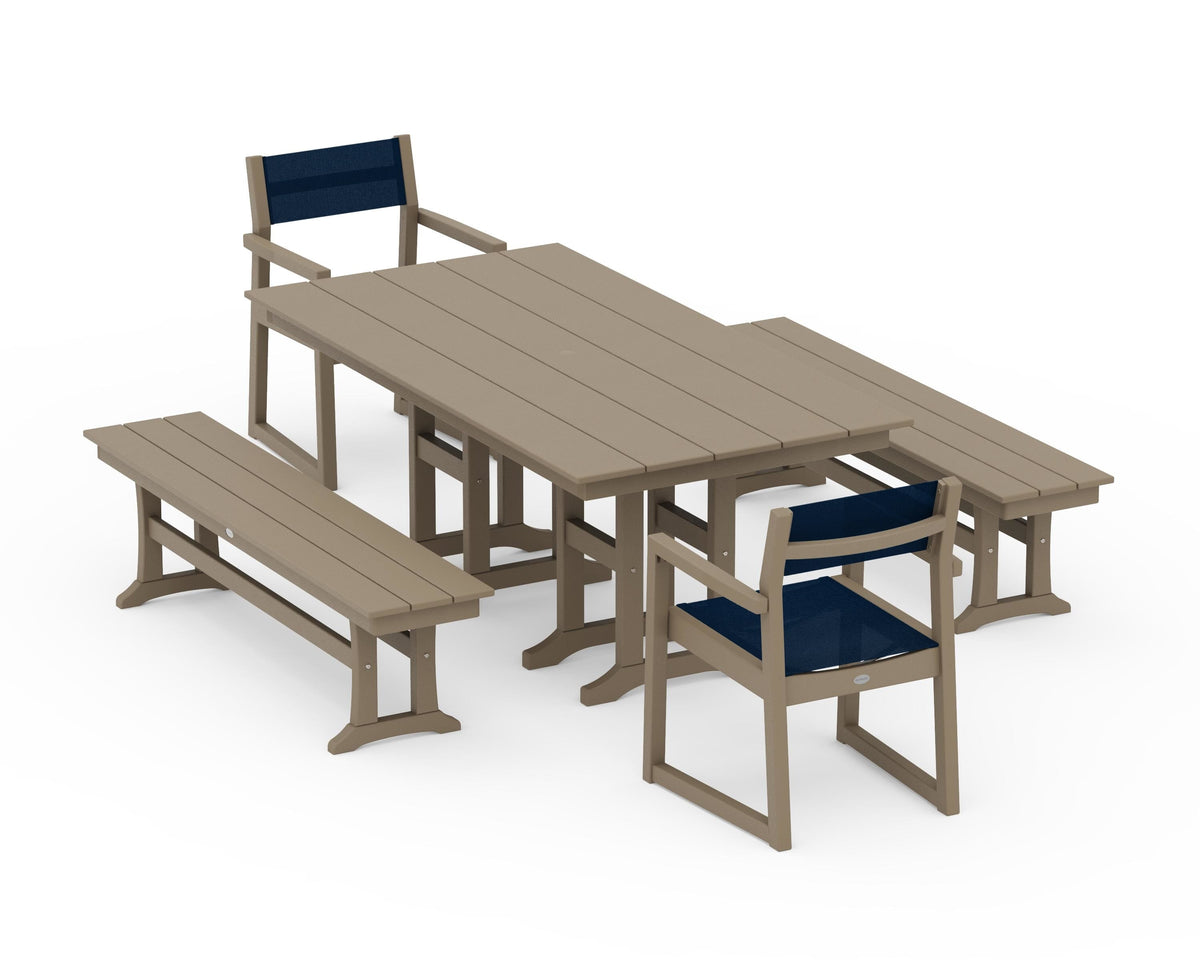 POLYWOOD EDGE Sling Arm Chair 5-Piece Farmhouse Dining Set with Benches in Vintage Sahara / Navy Blue