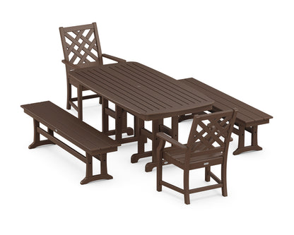 POLYWOOD Wovendale 5-Piece Dining Set with Benches in Mahogany