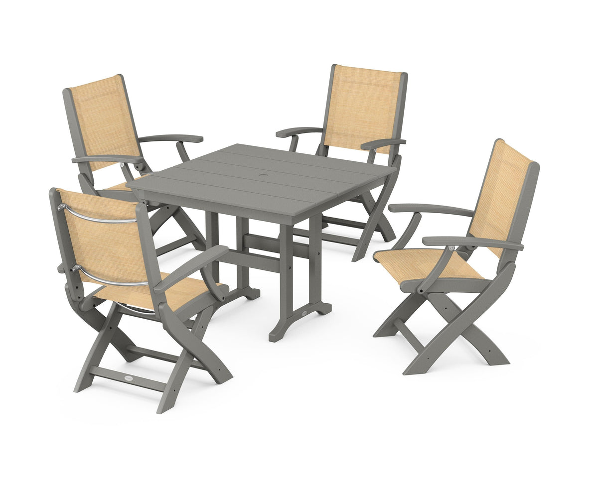 POLYWOOD Coastal Folding Chair 5-Piece Farmhouse Dining Set in Slate Grey / Dupioni Apricot