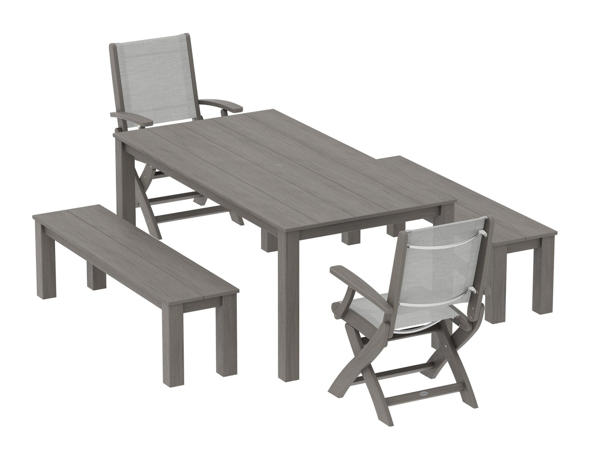 POLYWOOD Coastal Folding Chair 5-Piece Parsons Dining Set with Benches in Driftwood / Metallic