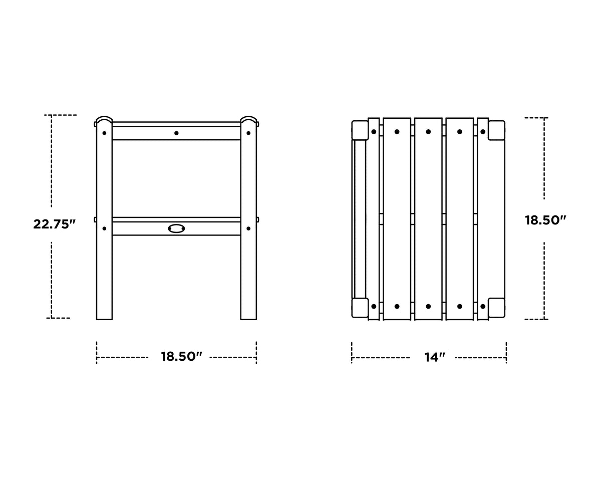 POLYWOOD Two Shelf Side Table dimension drawing with width, depth and height measurements