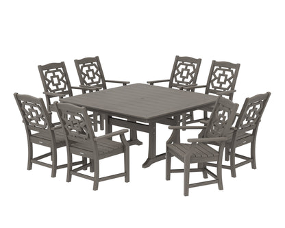 POLYWOOD Chinoiserie 9-Piece Square Dining Set with Trestle Legs in Driftwood
