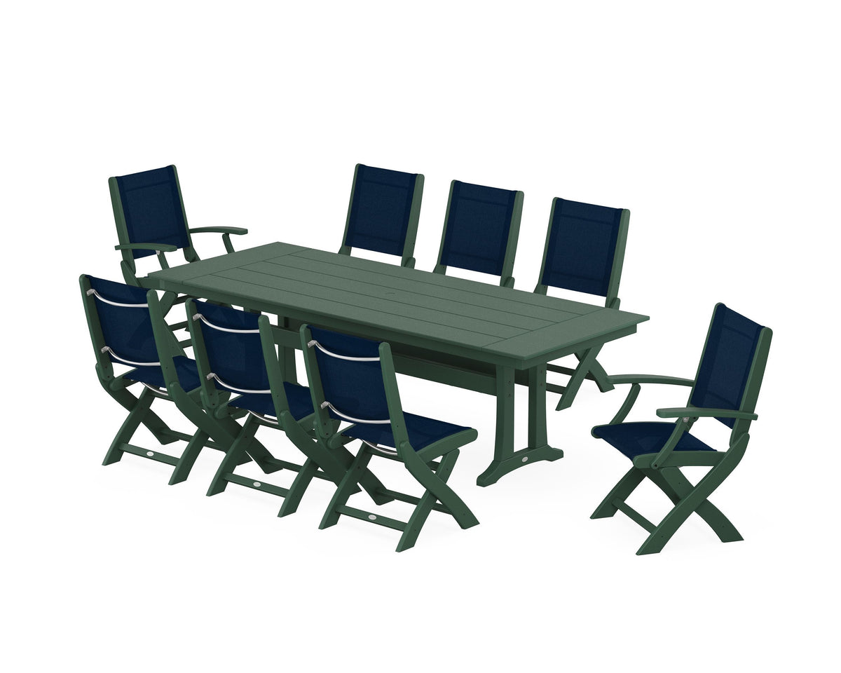 POLYWOOD Coastal 9-Piece Folding Dining Chair Farmhouse Dining Set with Trestle Legs in Green / Navy Blue