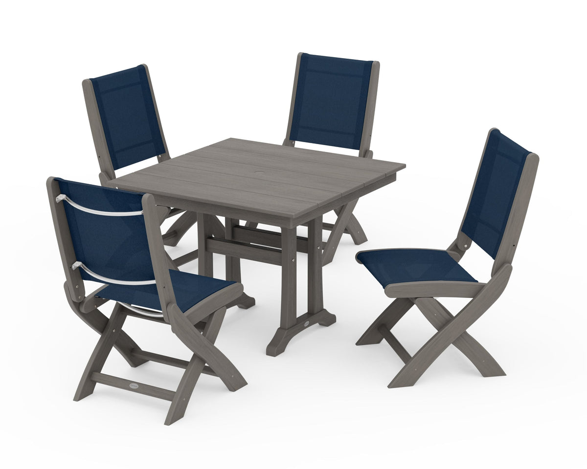POLYWOOD Coastal Folding Side Chair 5-Piece Farmhouse Dining Set With Trestle Legs in Driftwood / Navy Blue