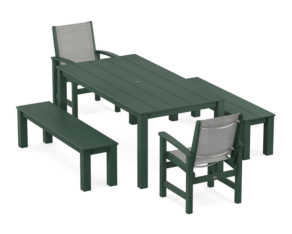 POLYWOOD Coastal 5-Piece Parsons Dining Set with Benches in Green / Metallic