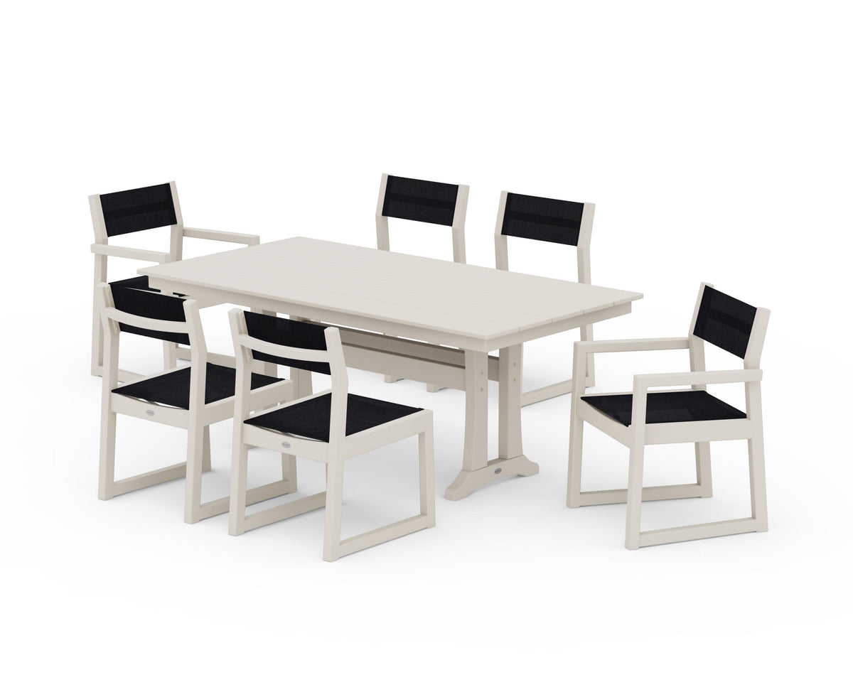 POLYWOOD EDGE Sling 7-Piece Farmhouse Trestle Dining Set in Sand / Black