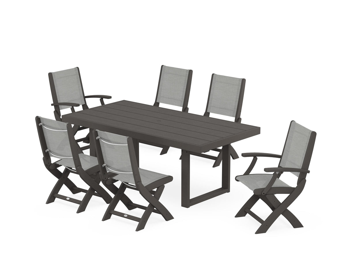 POLYWOOD Coastal Folding Chair 7-Piece Dining Set with Trestle Legs with EDGE 40" x 78" Dining Table in Vintage Coffee / Metallic