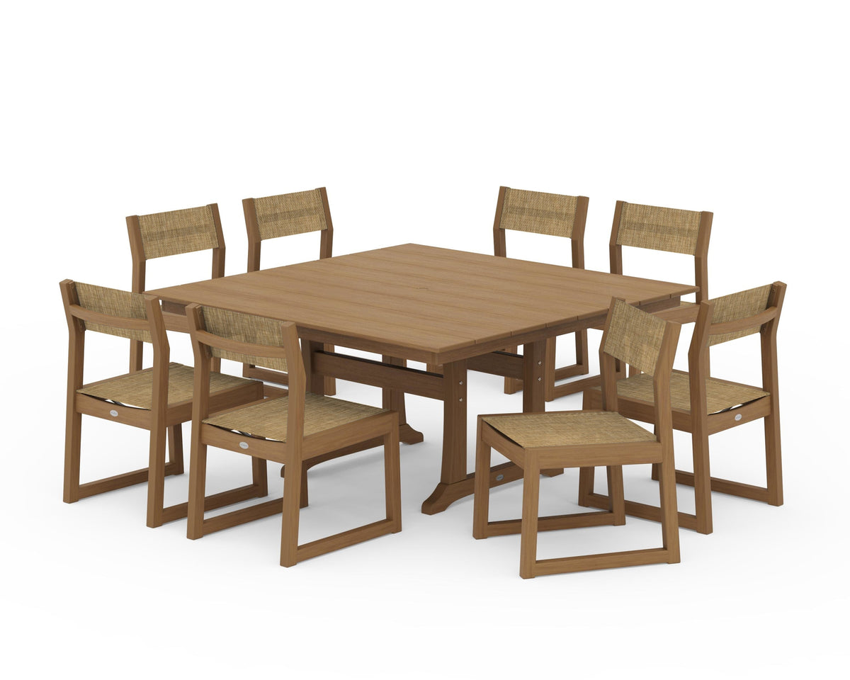 POLYWOOD EDGE Sling Side Chair 9-Piece Farmhouse Trestle Dining Set in Natural / Burlap