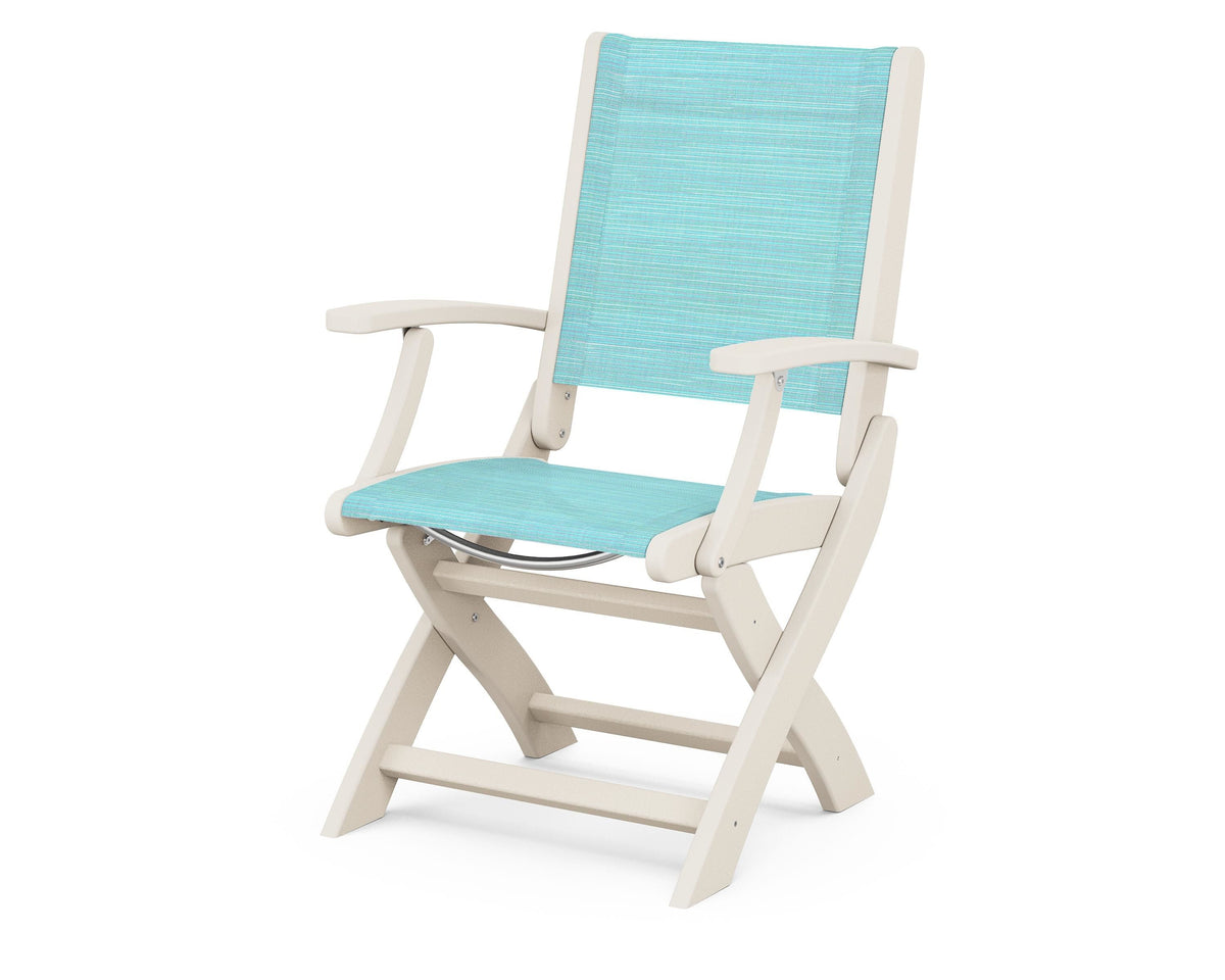 POLYWOOD Coastal Folding Chair in Sand with Sand arms and Dupioni Aquamarine sling