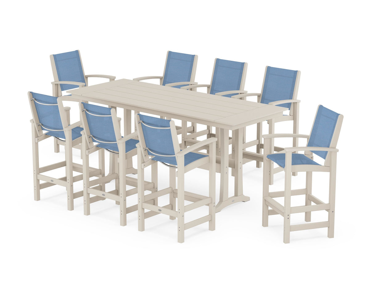 POLYWOOD Coastal 9-Piece Farmhouse Bar Set with Trestle Legs in Sand / Poolside