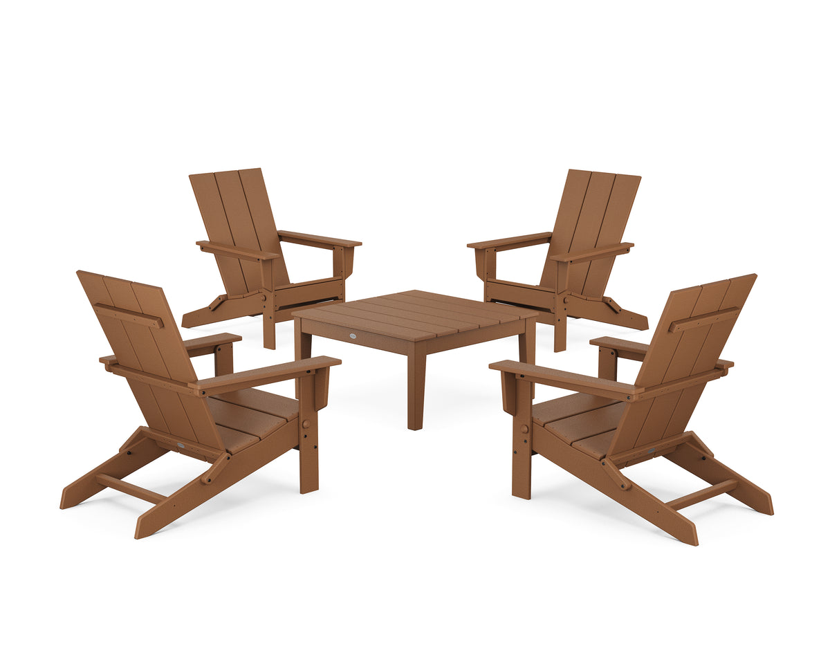 POLYWOOD 5-Piece Modern Studio Folding Adirondack Chair Conversation Group in Teak