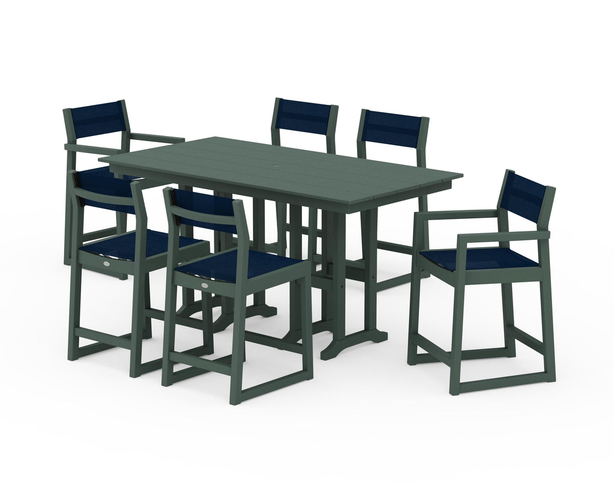 POLYWOOD EDGE Sling 7-Piece Farmhouse Counter Set with Trestle Legs in Green / Navy Blue