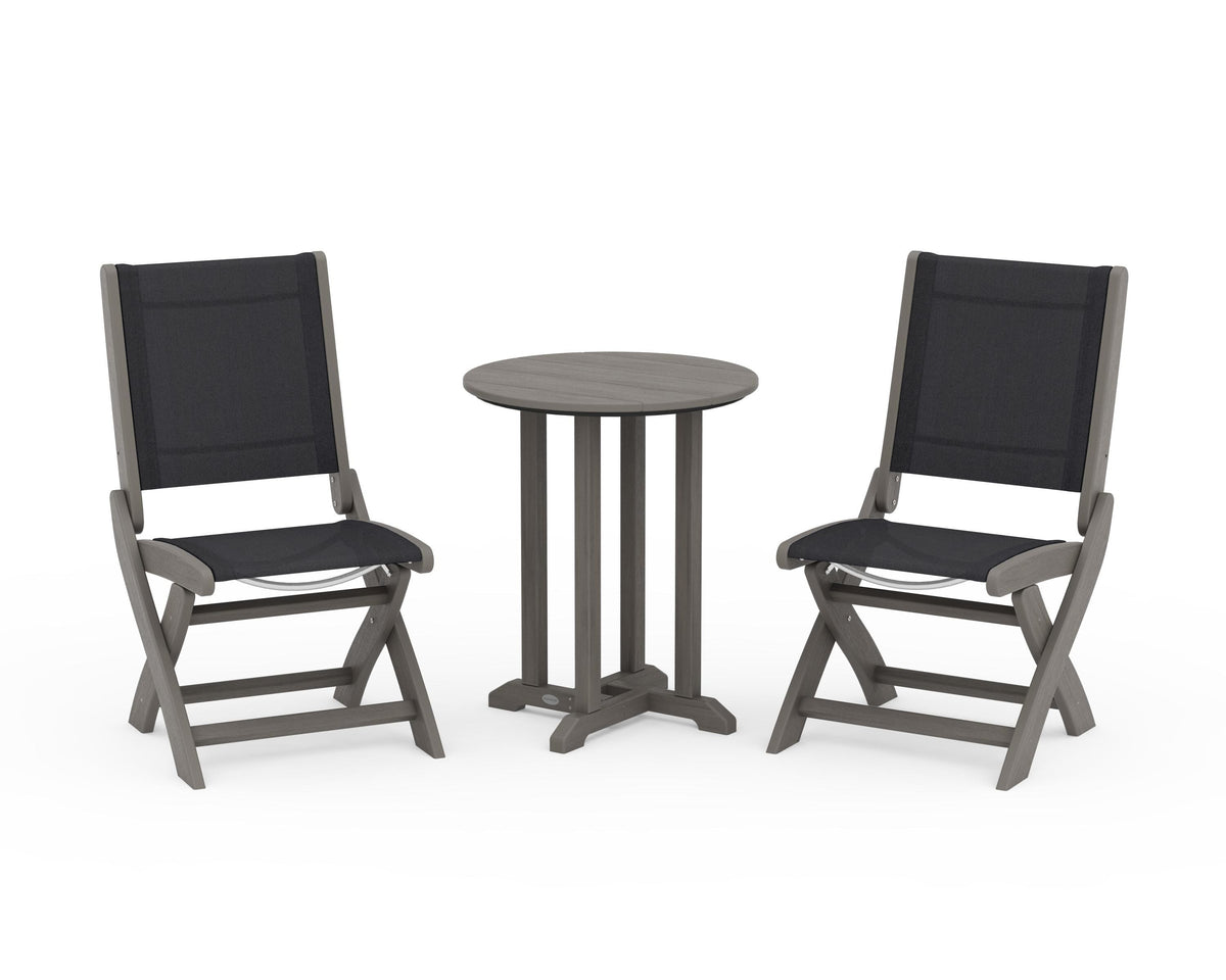 POLYWOOD Coastal Folding Side Chair 3-Piece Round Bistro Dining Set in Driftwood / Black