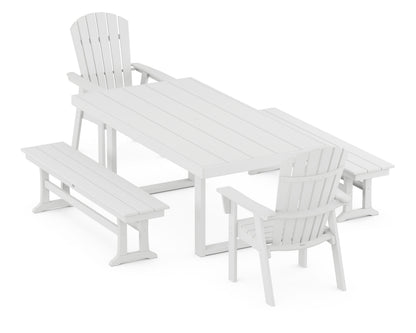 POLYWOOD Nautical Curveback Adirondack 5-Piece Dining Set with Benches - 39" x 78" Table in White