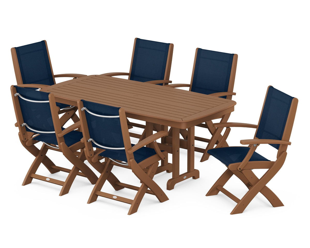 POLYWOOD Coastal Folding Arm Chair 7-Piece Dining Set in Teak / Navy Blue