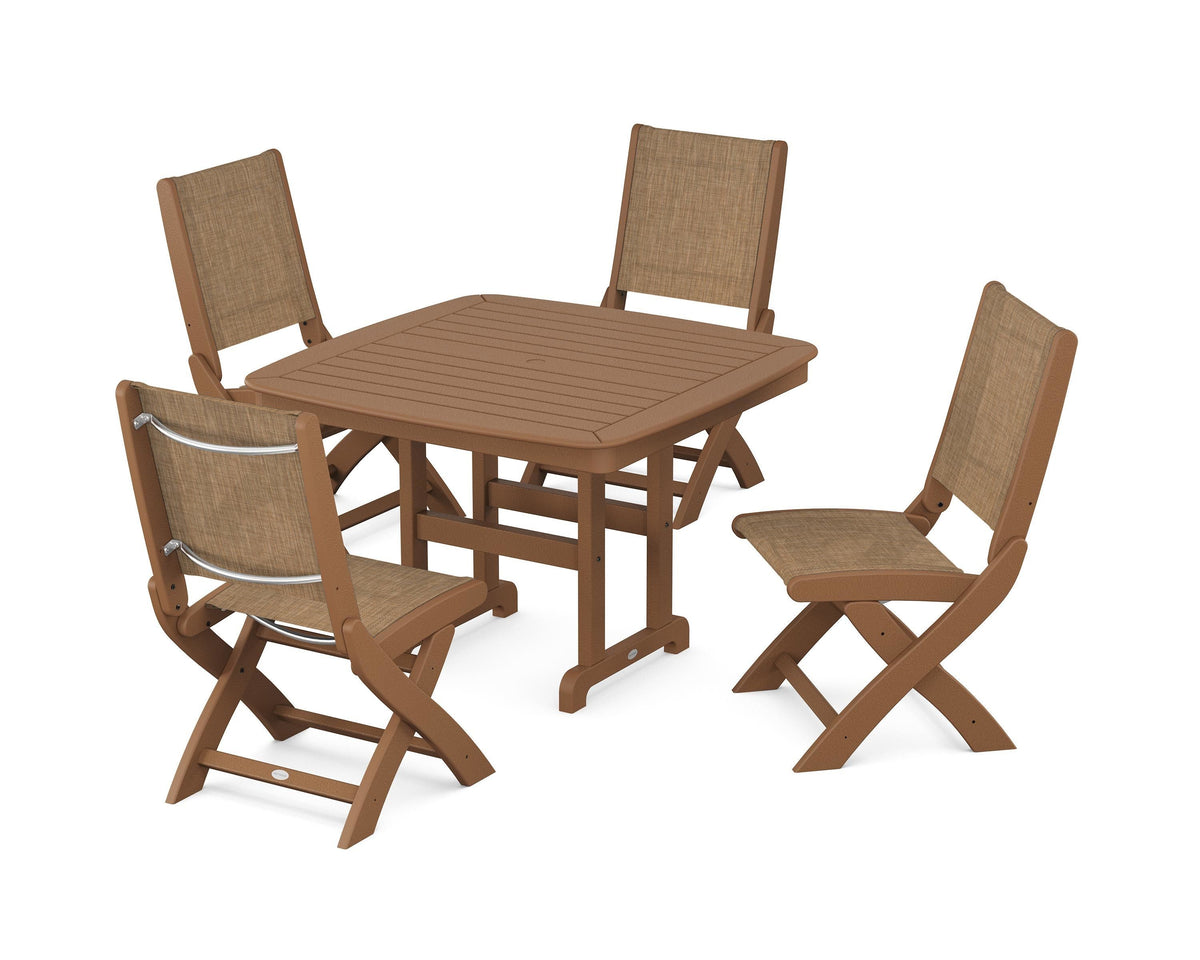 POLYWOOD Coastal Folding Side Chair 5-Piece Dining Set with Nautical 44" Dining Table in Teak / Burlap