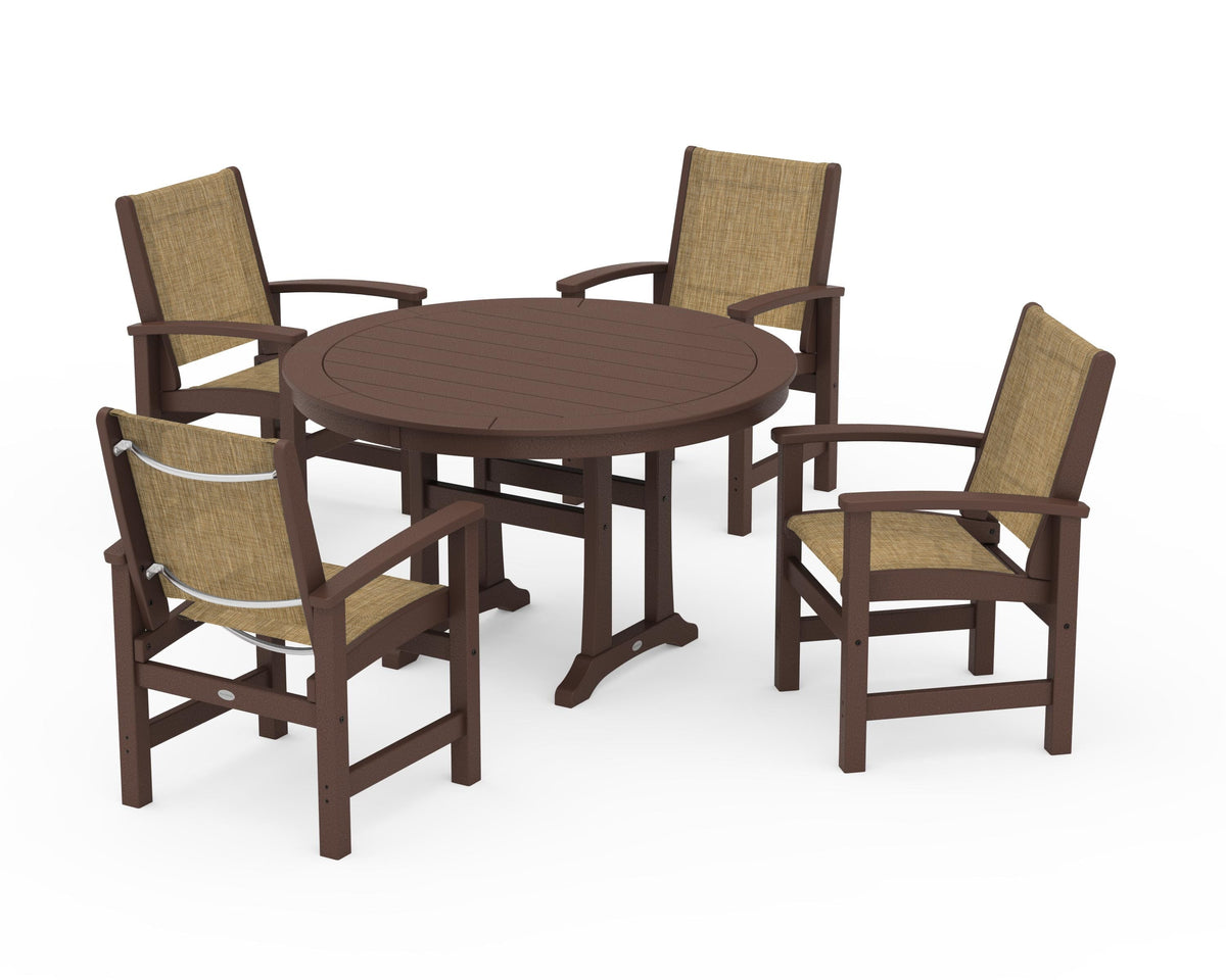 POLYWOOD Coastal 5-Piece Round Dining Set with Trestle Legs in Mahogany / Burlap
