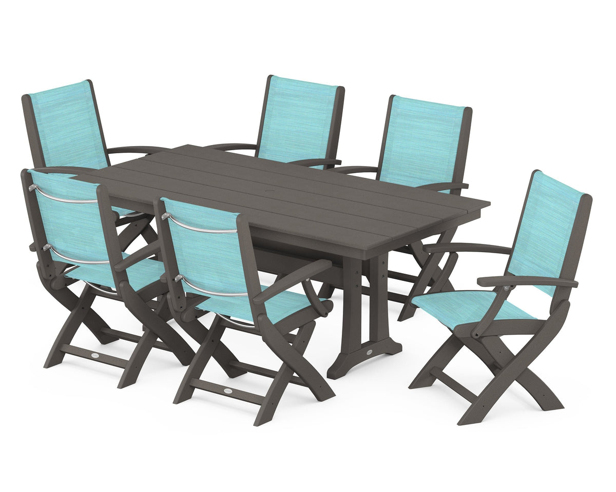 POLYWOOD Coastal Folding Arm Chair 7-Piece Farmhouse Dining Set with Trestle Legs in Vintage Coffee / Dupioni Aquamarine