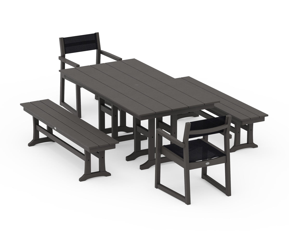 POLYWOOD EDGE Sling Arm Chair 5-Piece Farmhouse Dining Set with Benches in Vintage Coffee / Black