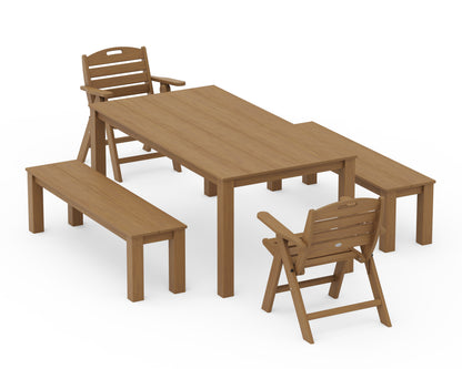 POLYWOOD Nautical Folding Lowback Chair 5-Piece Parsons Dining Set with Benches in Natural