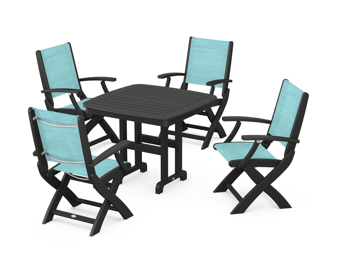 POLYWOOD Coastal Folding Chair 5-Piece Dining Set with Nautical 37" Dining Table in Black / Dupioni Aquamarine