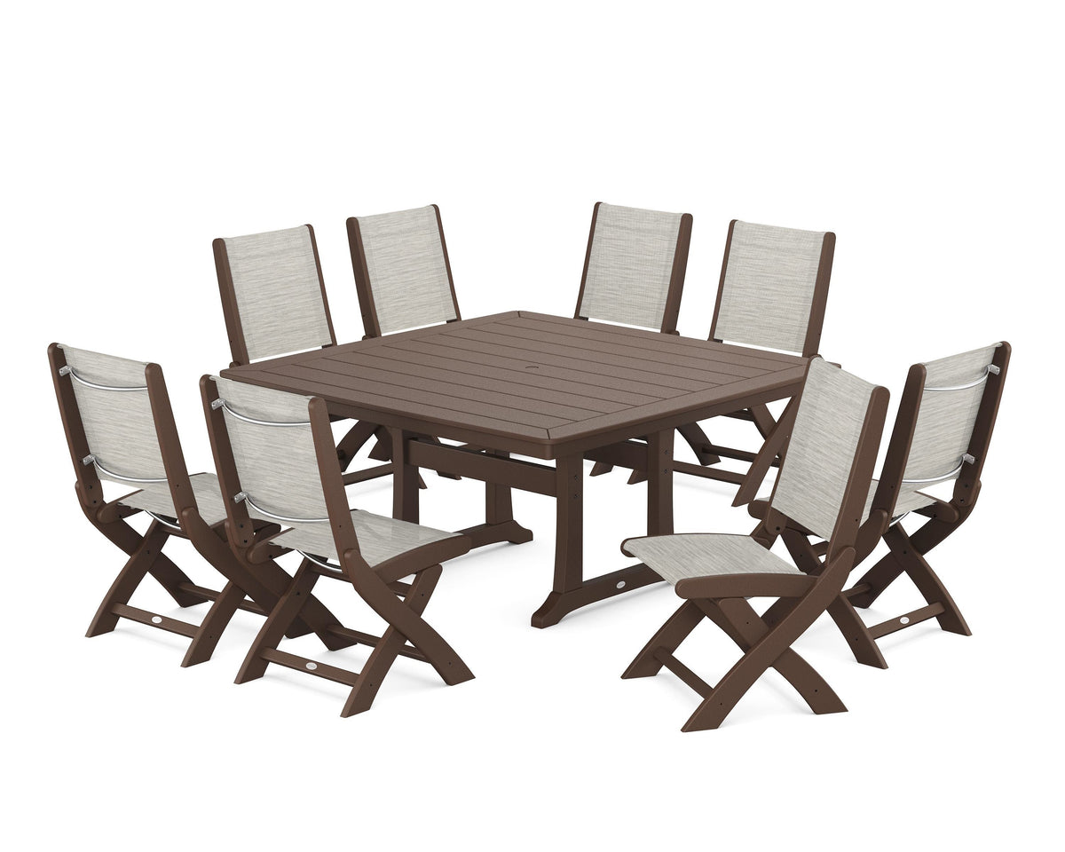 POLYWOOD Coastal Folding Side Chair 9-Piece Dining Set with Trestle Legs in Mahogany / Birch