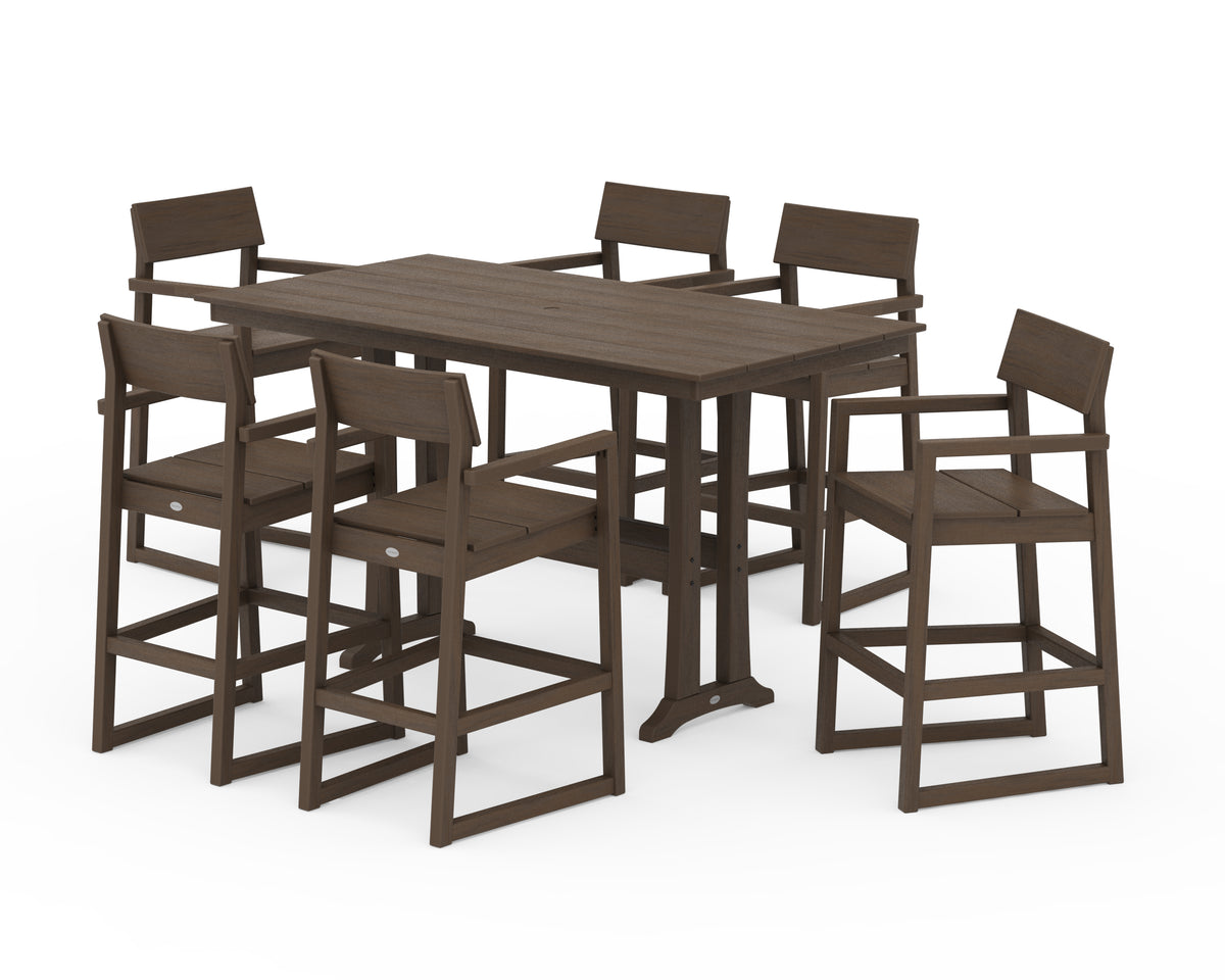 POLYWOOD EDGE Arm Chair 7-Piece Farmhouse Bar Set with Trestle Legs in Kona