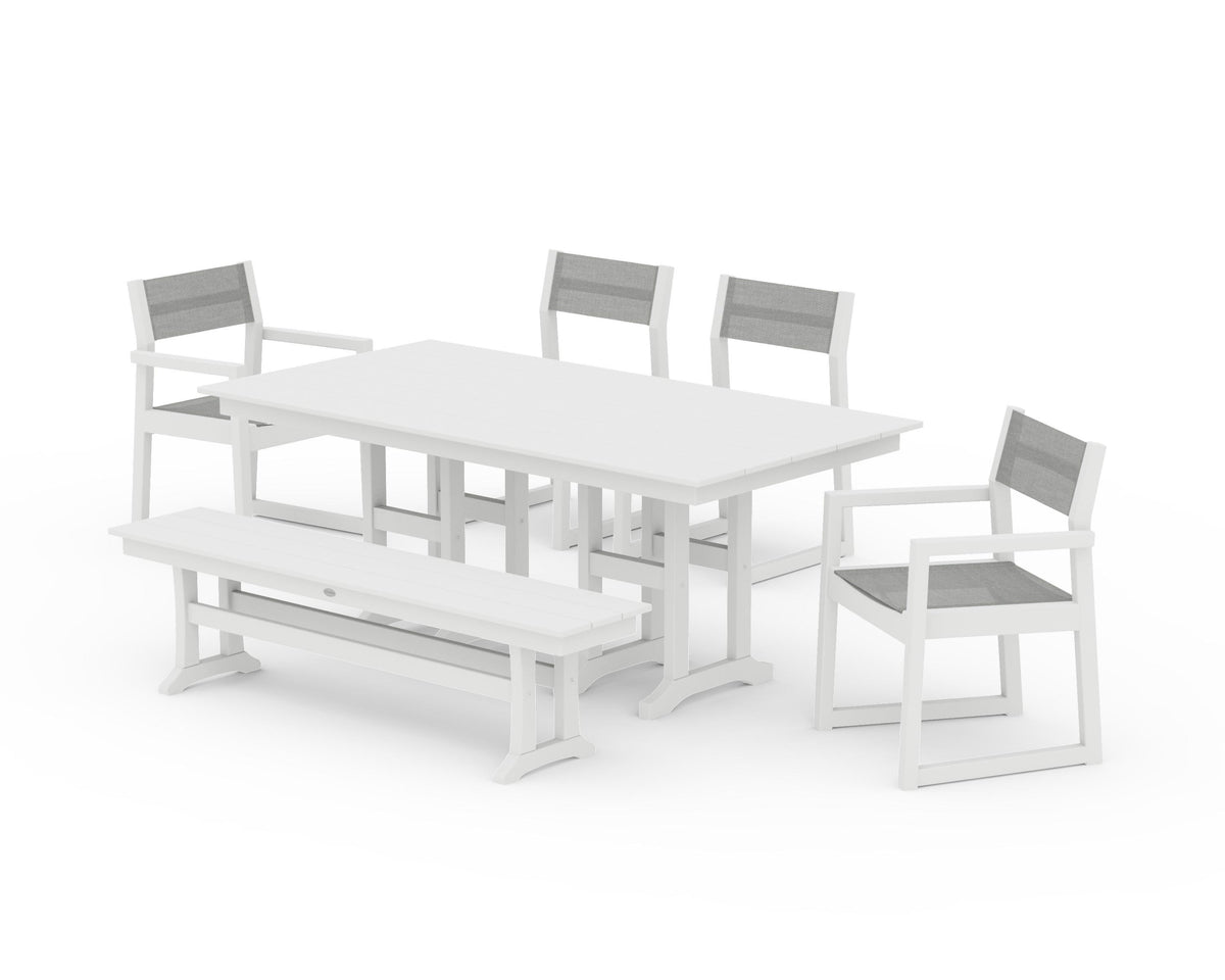 POLYWOOD EDGE Sling 6-Piece Farmhouse Dining Set in White / Metallic