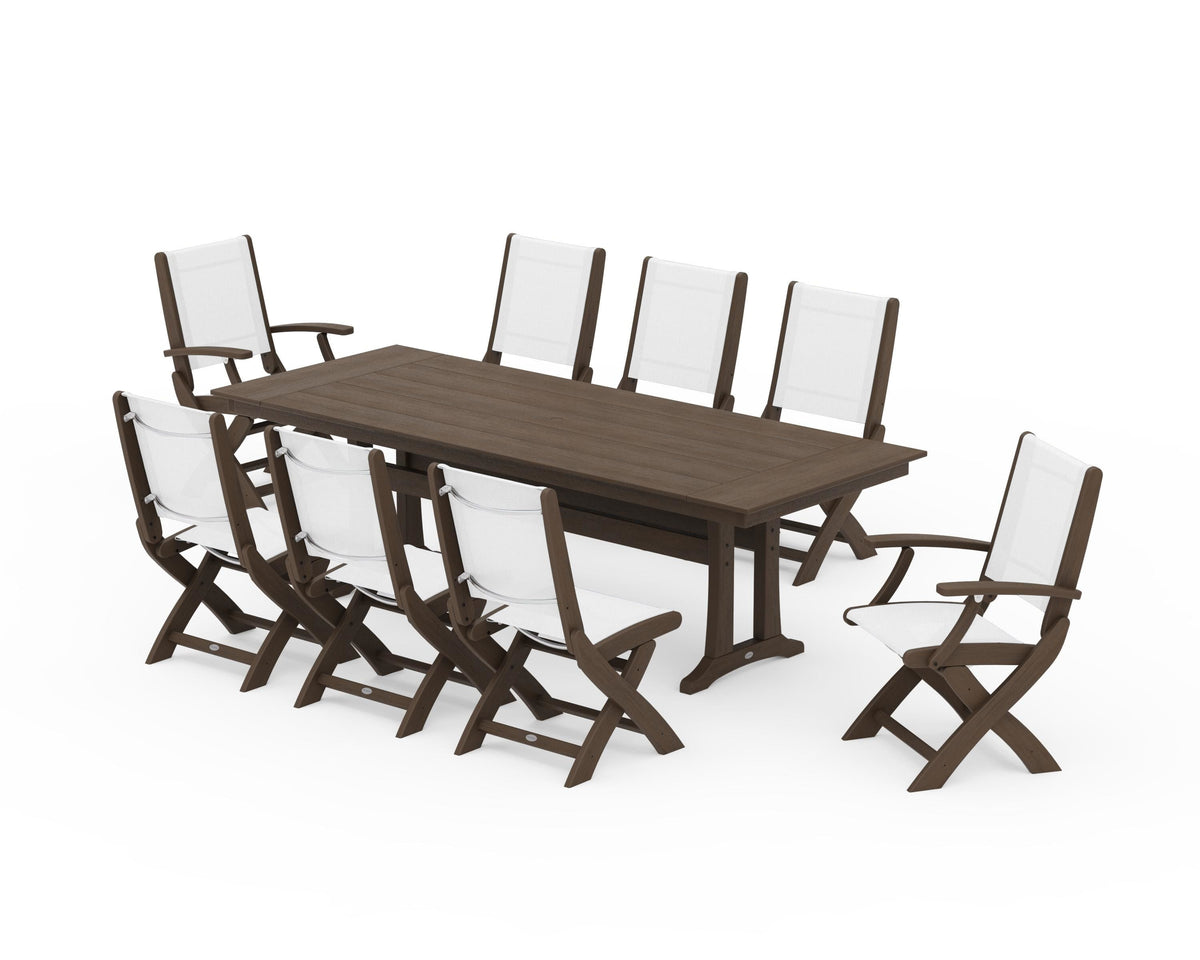 POLYWOOD Coastal 9-Piece Folding Dining Chair Farmhouse Dining Set with Trestle Legs in Kona / White