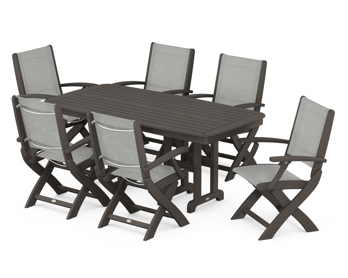 POLYWOOD Coastal Folding Arm Chair 7-Piece Dining Set in Vintage Coffee / Metallic