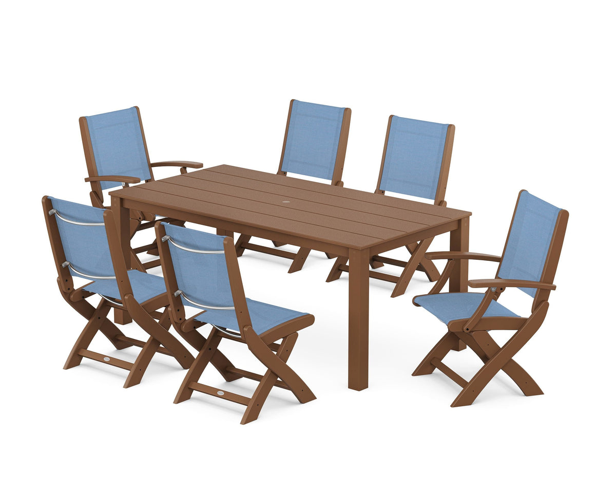 POLYWOOD Coastal Folding Chair 7-Piece Parsons Dining Set with Coastal Folding Side Chair in Teak / Poolside