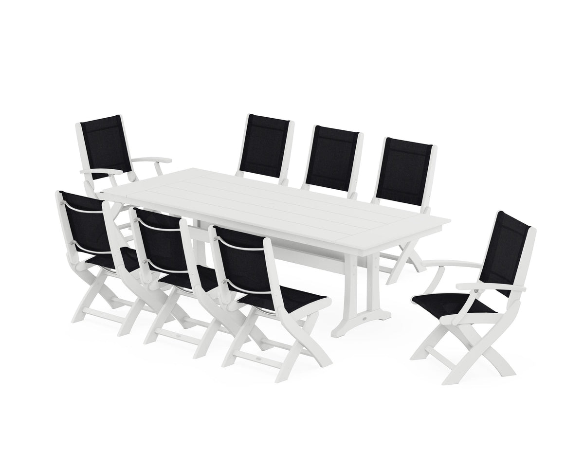 POLYWOOD Coastal 9-Piece Folding Dining Chair Farmhouse Dining Set with Trestle Legs in White / Black