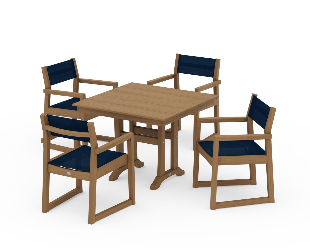 POLYWOOD EDGE Sling 5-Piece Farmhouse Dining Set with Trestle Legs in Natural / Navy Blue