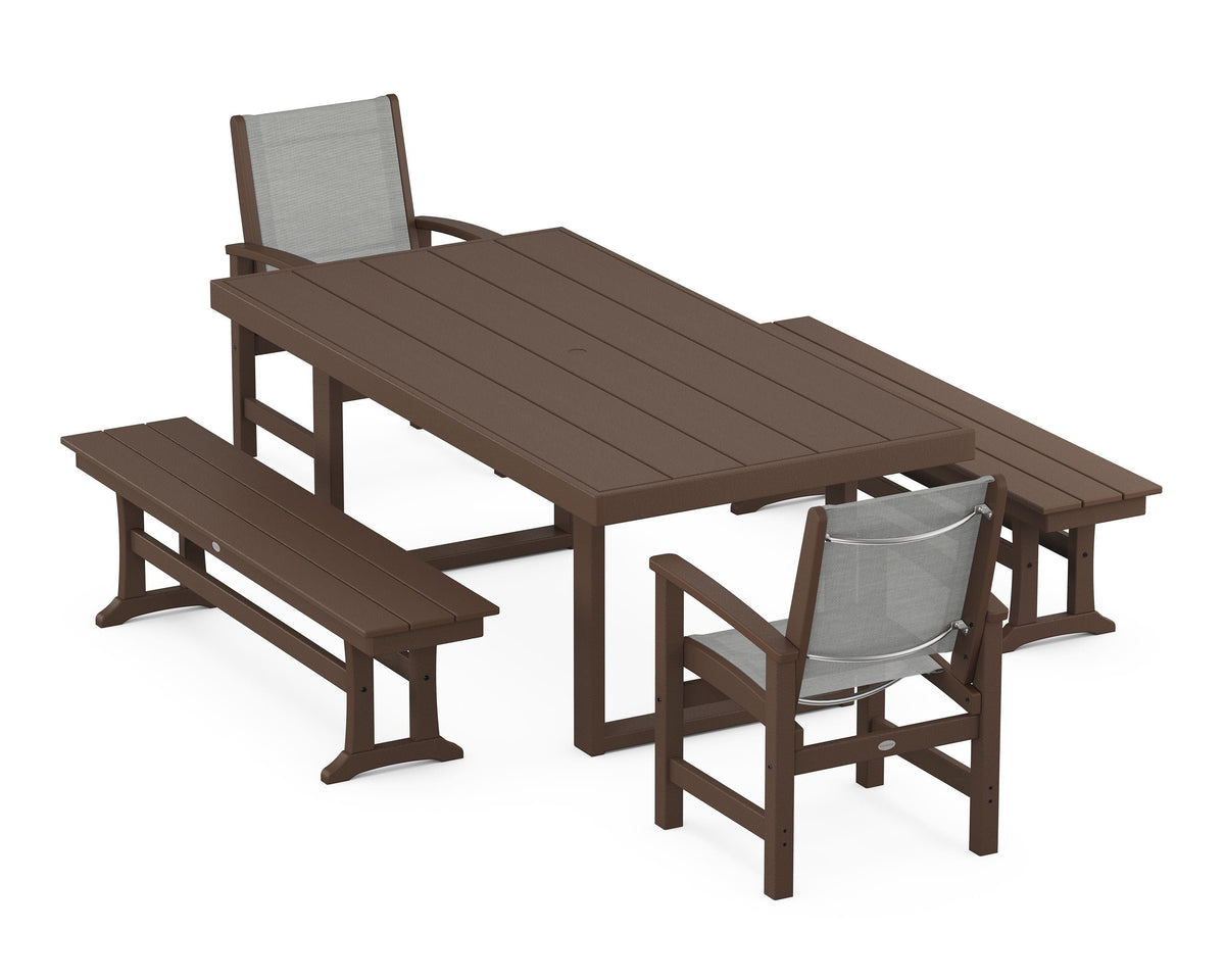 POLYWOOD Coastal 5-Piece Dining Set with Trestle Legs with EDGE 40" x 78" Dining Table in Mahogany / Metallic