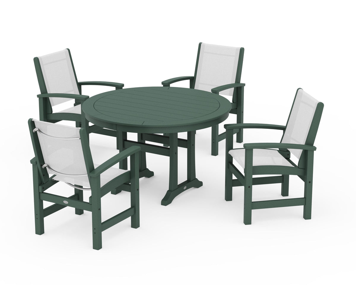 POLYWOOD Coastal 5-Piece Round Dining Set with Trestle Legs in Green / White