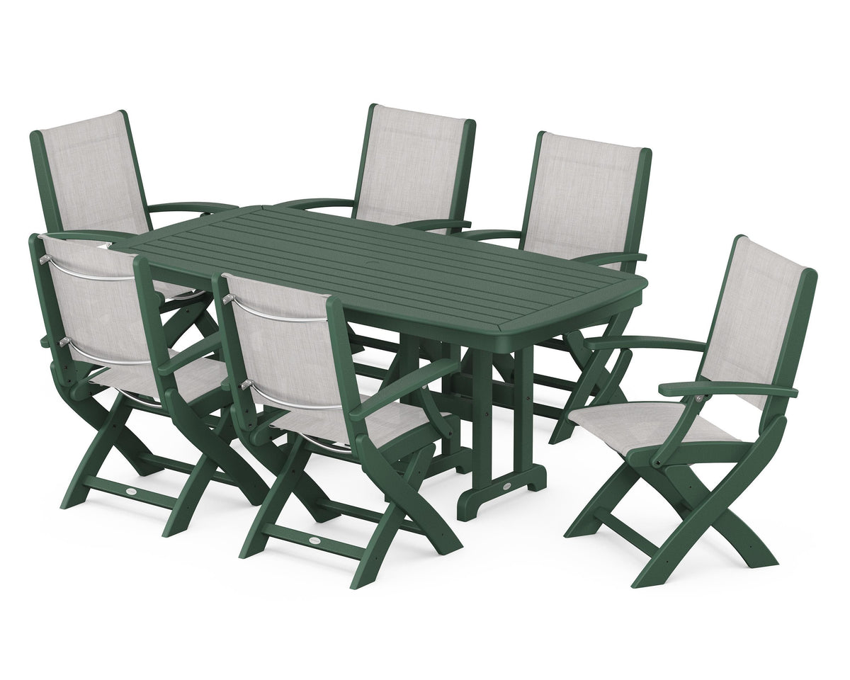 POLYWOOD Coastal Folding Arm Chair 7-Piece Dining Set in Green / Parchment
