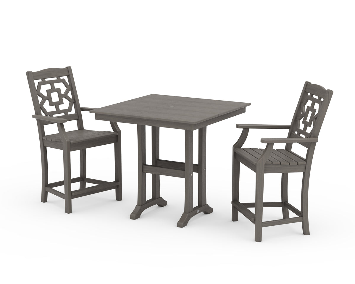 POLYWOOD Chinoiserie 3-Piece Farmhouse Counter Set with Trestle Legs in Driftwood