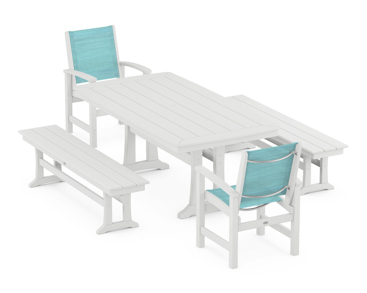 POLYWOOD Coastal 5-Piece Dining Set with Trestle Legs and Benches in White / Dupioni Aquamarine