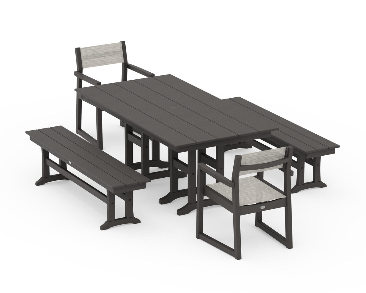 POLYWOOD EDGE Sling Arm Chair 5-Piece Farmhouse Dining Set with Benches in Vintage Coffee / Birch