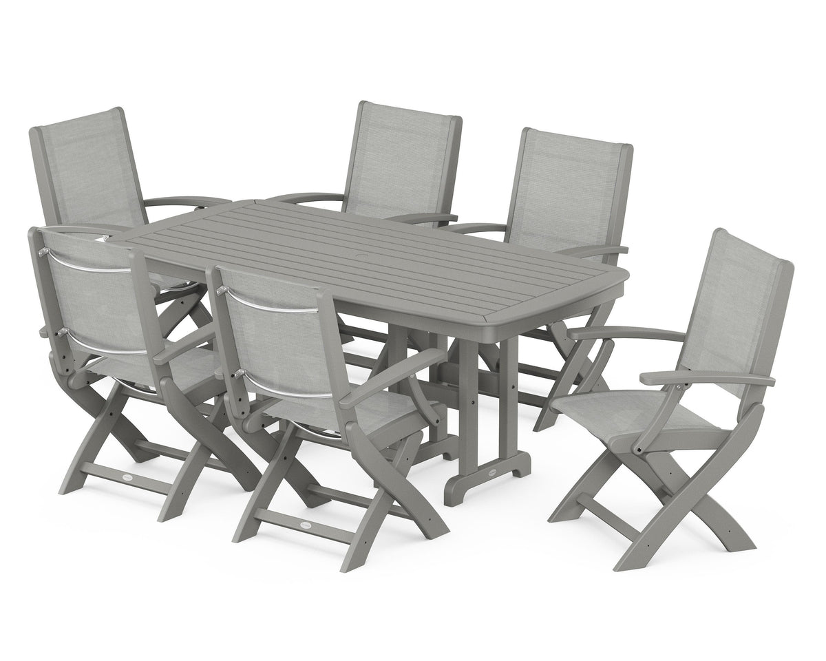 POLYWOOD Coastal Folding Arm Chair 7-Piece Dining Set in Slate Grey / Metallic