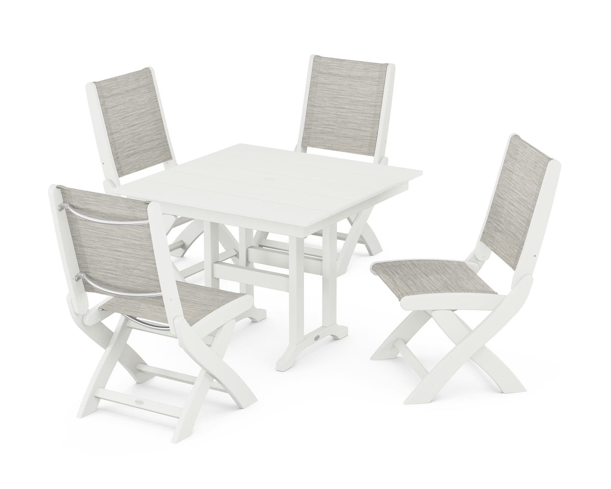 POLYWOOD Coastal Folding Side Chair 5-Piece Farmhouse Dining Set in Vintage White / Birch